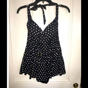 Rose Marie Reid black polka dot one piece flowy swimming suit Sz L
